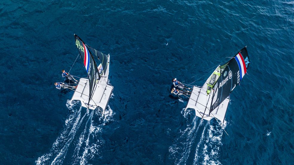 Skiff-zeilers Bart Lambriex & Floris van de Werken (l) en Odile van Aanholt & Annette Duetz (foto Sailing Energy)